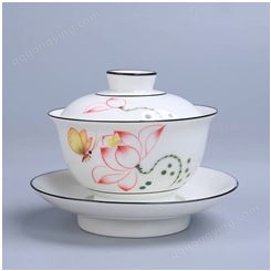 陶瓷盖碗厂家 手绘青花瓷三才茶碗 礼品盖碗定制