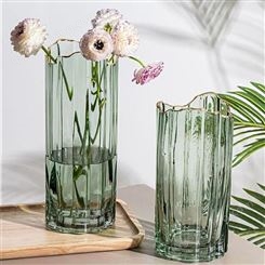 迅想 玻璃描金破口花瓶欧式透明玻璃轻奢桌面摆件富贵竹干花破口翠绿花瓶3877