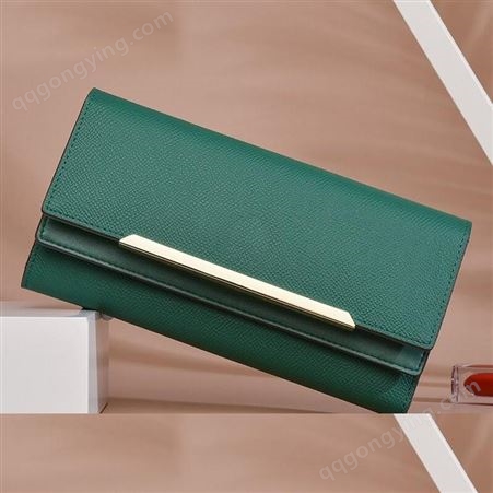 富源女士钱包绿色韩版时尚长款超薄三折叠皮夹大气多功能手拿包
