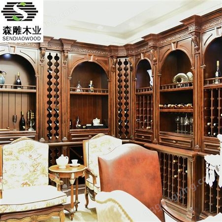 新中式酒柜 实木定制酒窖吧台酒庄展示架 森雕柚木酒柜