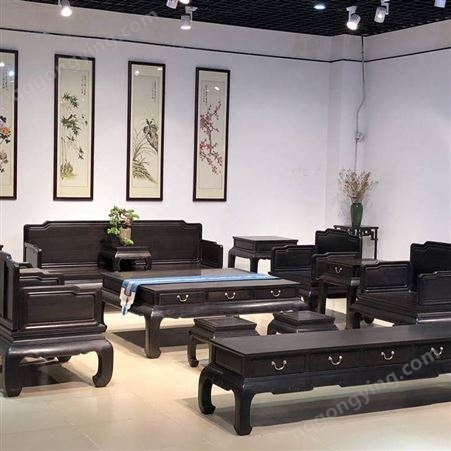 中山办公室红木家具沙发10套款式图片 黑酸枝古典明式素面罗汉床沙发
